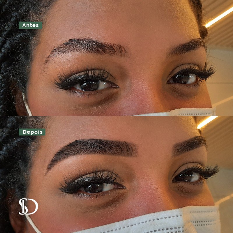 Antes e depois de um design de sobrancelhas, olhar de perfil